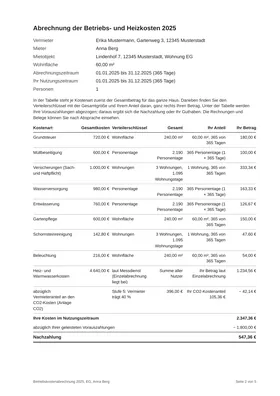 Kostenaufstellung einer Nebenkostenabrechnung 2025: Tabelle mit Grundsteuer, Müll, Wasser, Heizkosten und weiteren Kostenarten, Verteilerschlüssel, Anteil der Mieterin und Nachzahlung von 547,36 Euro
