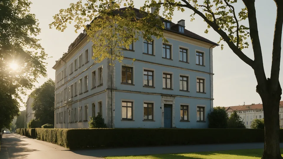 Mehrfamilienhaus mit hellblauer Fassade hinter einer Hecke, davor alte Bäume in der tief stehenden Abendsonne.